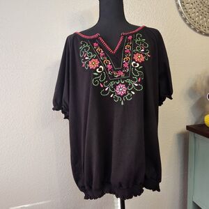 Jason Maxwell Women 3X Embroidery Peasant Top Boho Chic Floral Blouse CC682